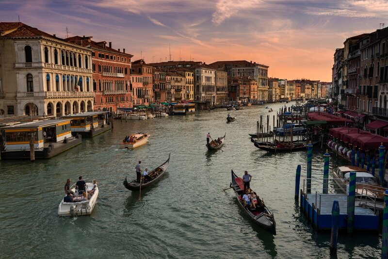 Gondolas on Canal — Orange, Serene, Sunset