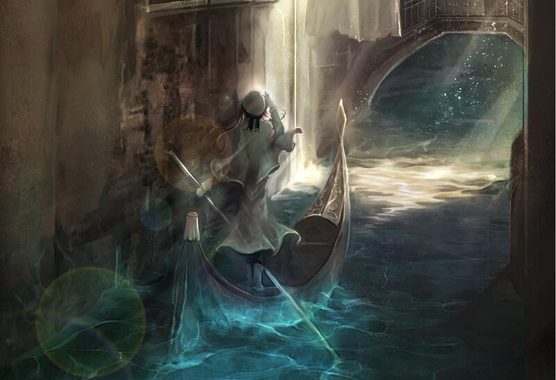 Gondolier in a mystical canal