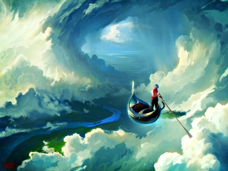 Gondolier in Gondola — Blue, Dramatic, Digital Art