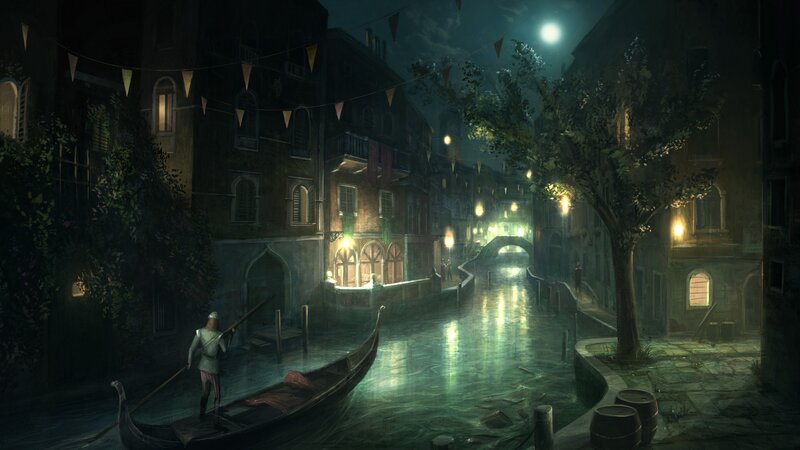 Gondolier in Gondola — Green, Nocturnal