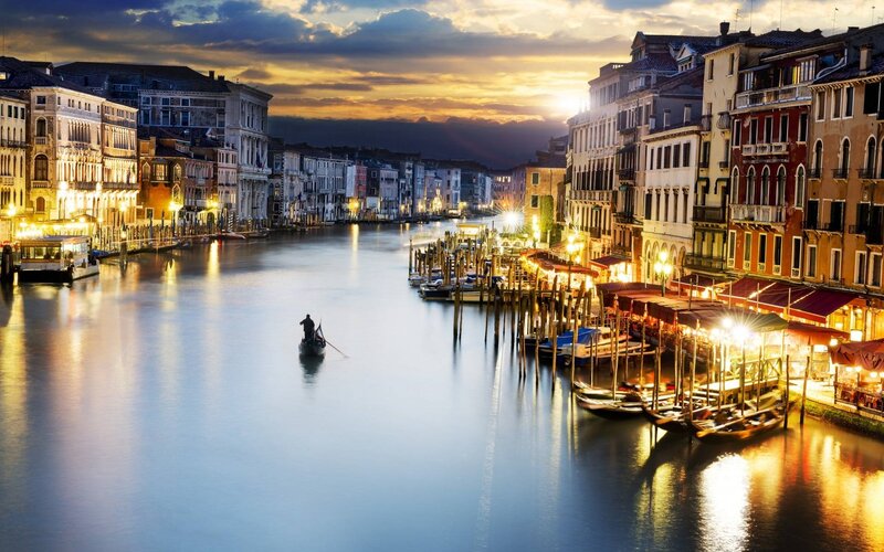 Gondolier on Canal — Blue, Serene, Sunset