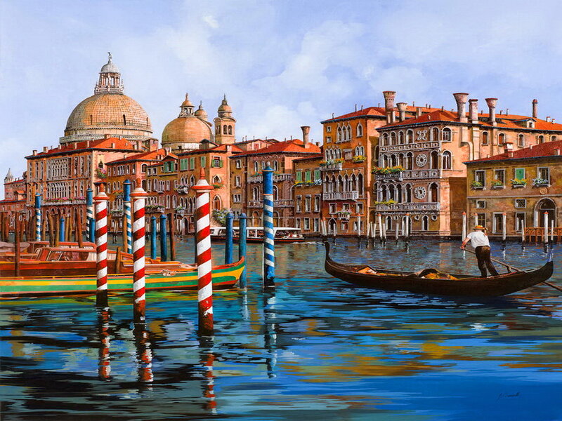 Gondolier on Canal — Blue, Serene