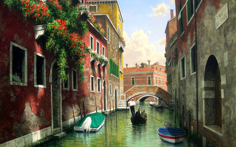 Gondolier on Canal — Red, Serene, Afternoon