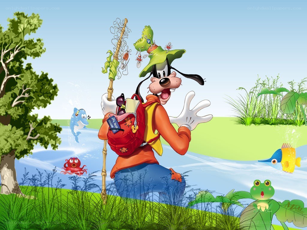 Goofy fishing by the pond