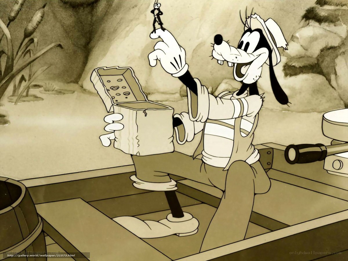 Goofy in a boat with a bug