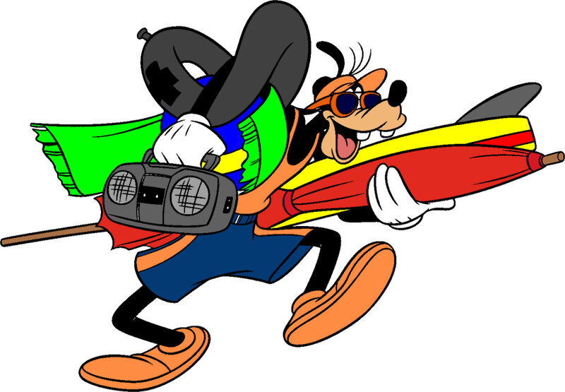 Goofy with boombox and surfboard