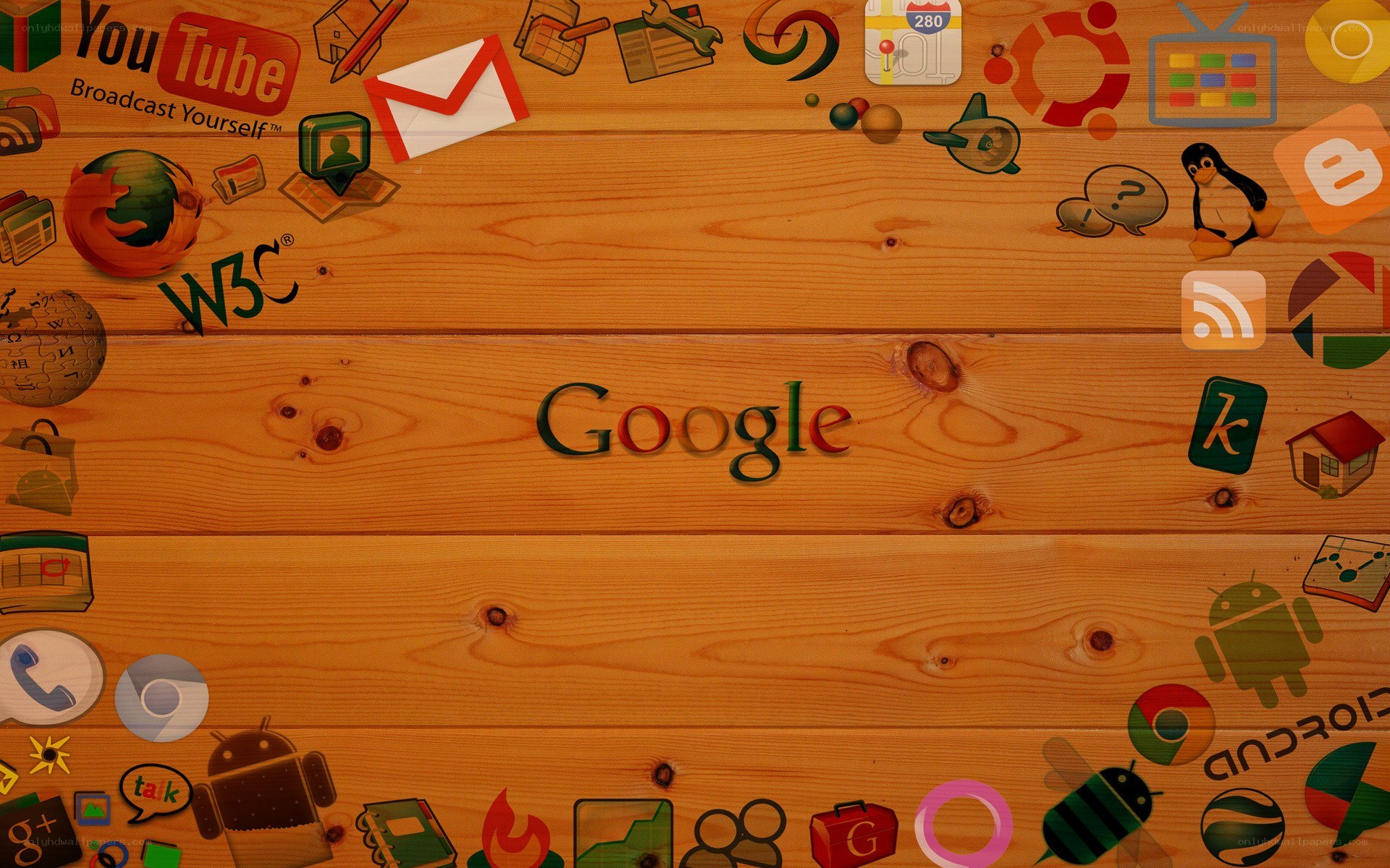 Google and tech icons on wood