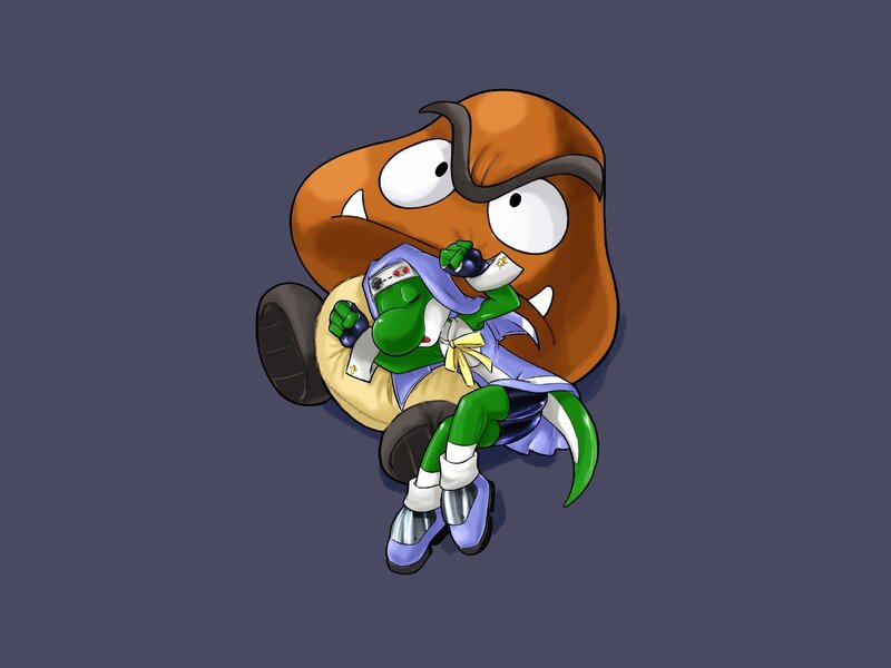 Goomba and Yoshi in a hug