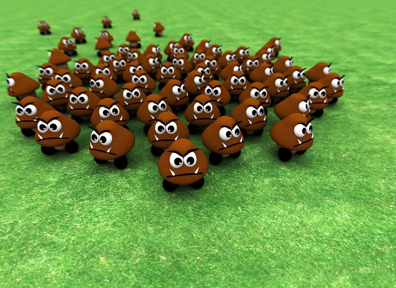 Goomba Army on Grass — Green, Playful, 3d Render, Mushroom Creatures, 3d Model
