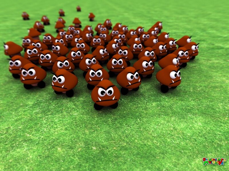 Goomba Army on Grass — Green, Playful, 3d Render, Mushroom Creatures