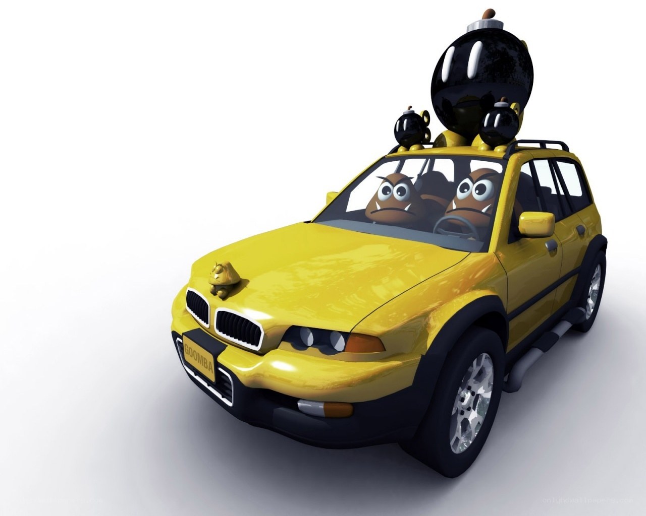 Goomba characters in a yellow car
