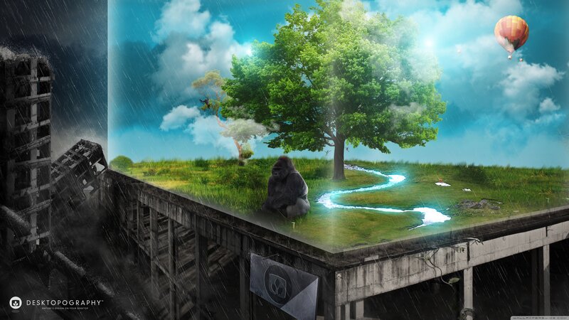 Gorilla on Floating Island — Green, Dramatic, Afternoon