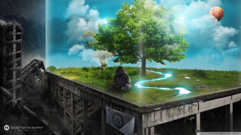 Gorilla on Floating Island — Green, Dramatic