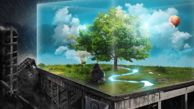 Gorilla on Grassy Island — Green, Dramatic