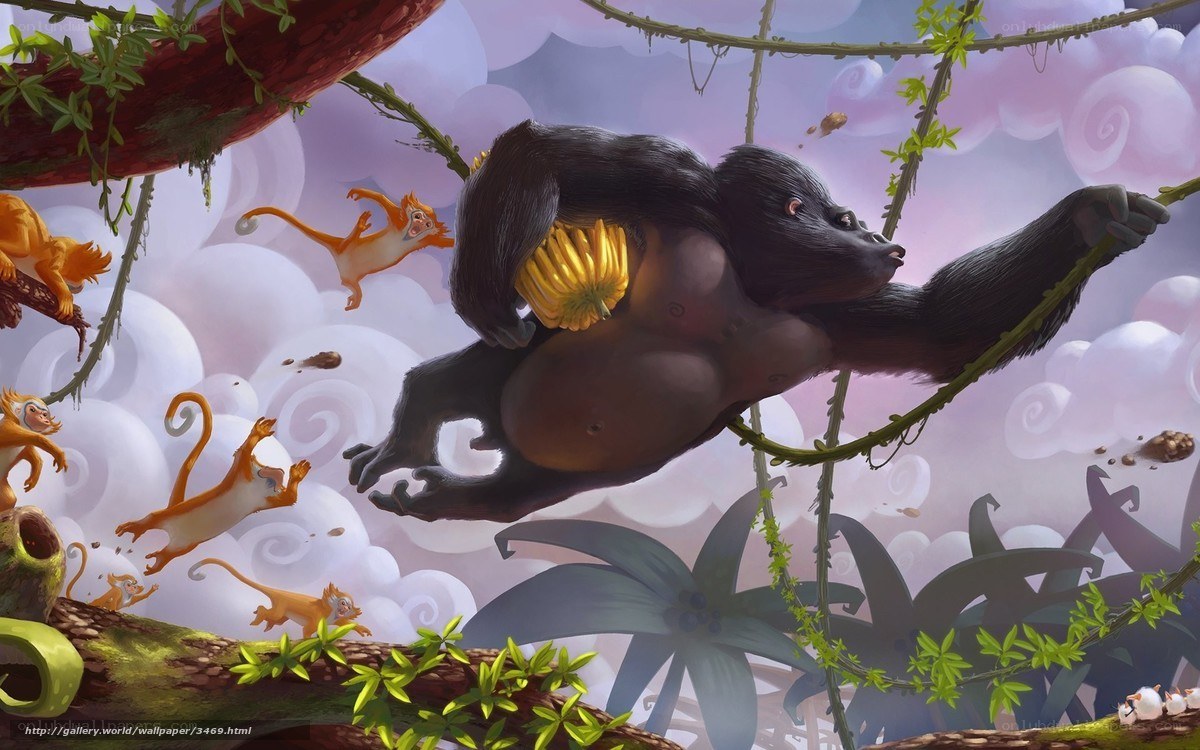 Gorilla with bananas in jungle