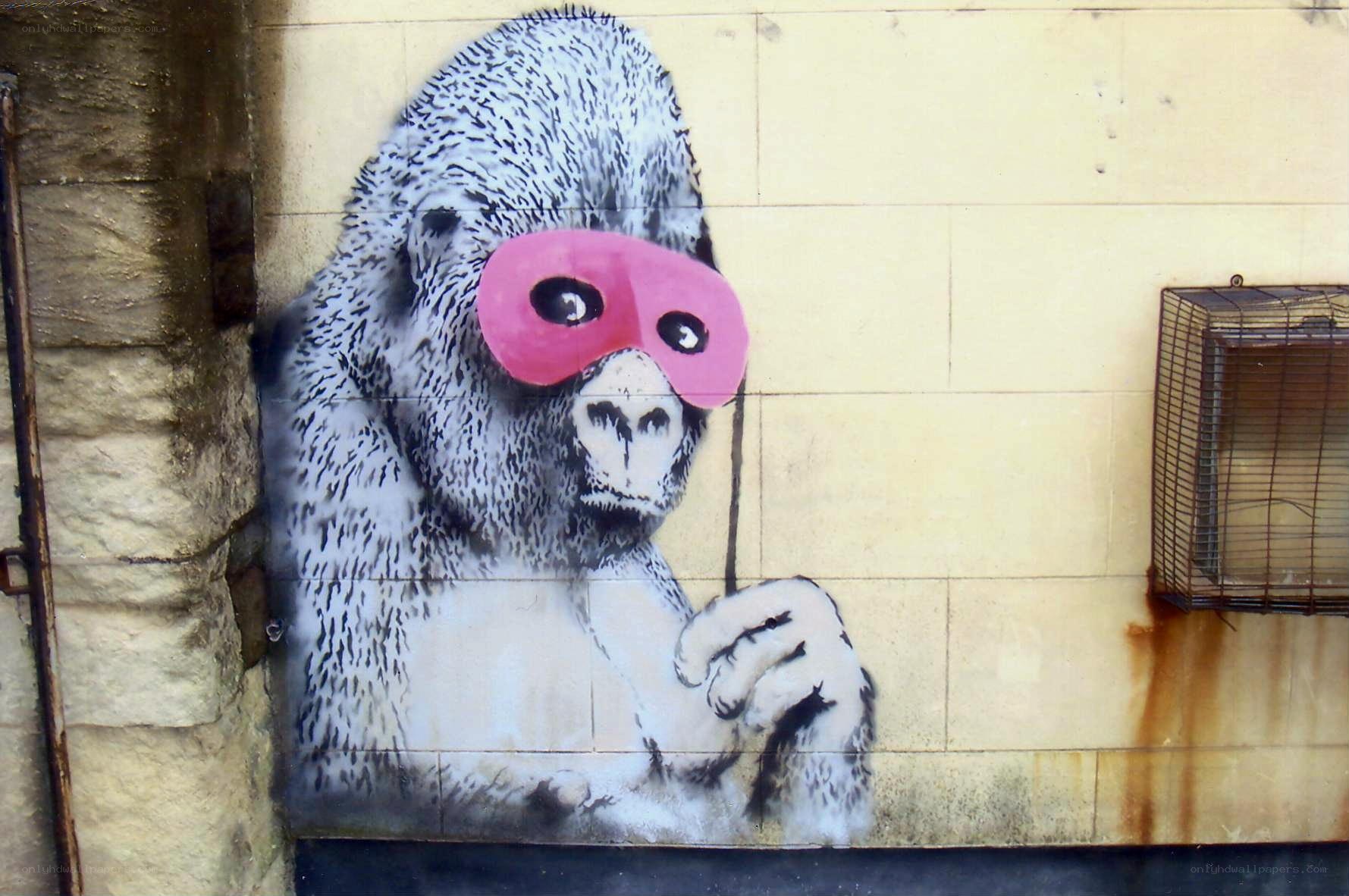 Gorilla with pink mask mural