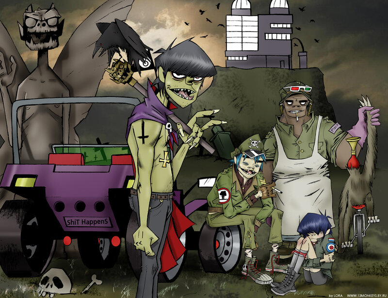 Gorillaz band in a post-apocalyptic scene
