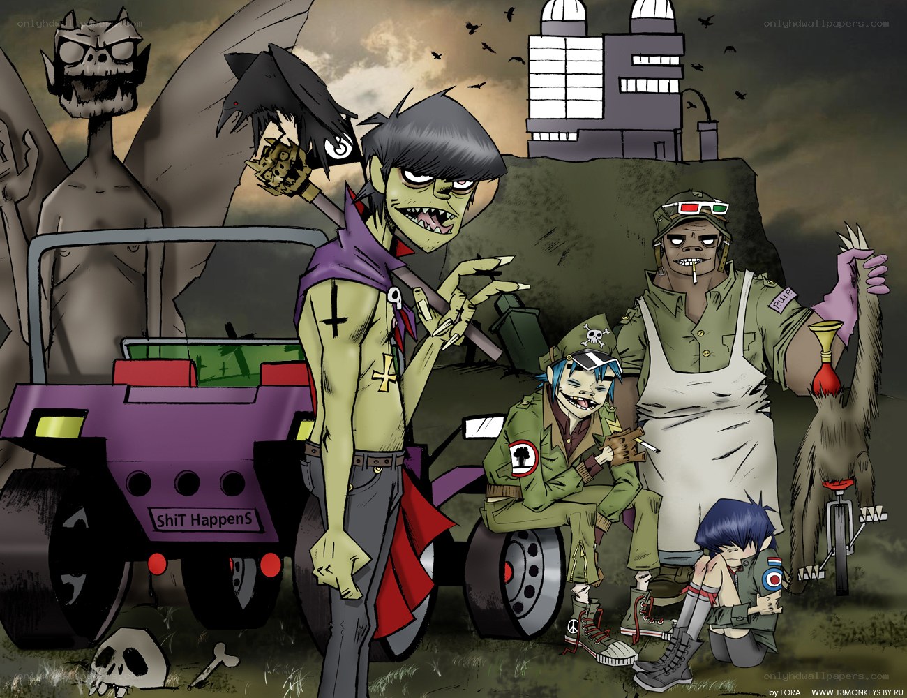 Gorillaz band in a post-apocalyptic scene