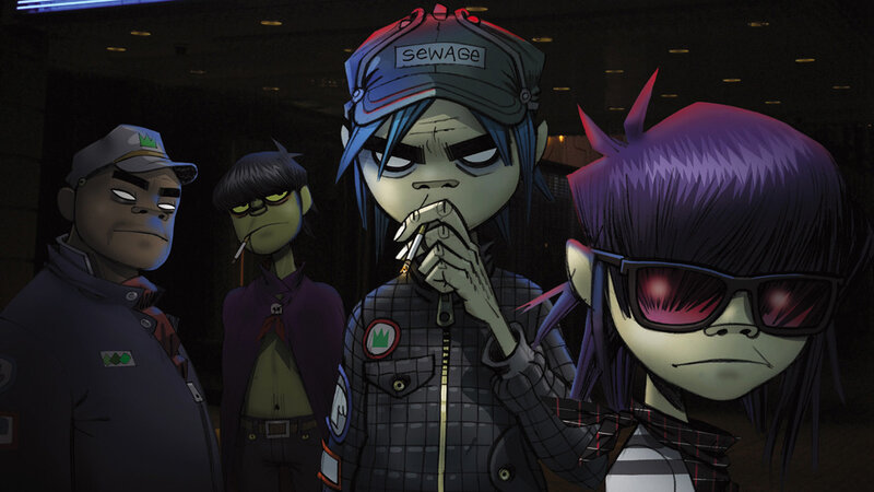 Gorillaz band members in dark setting