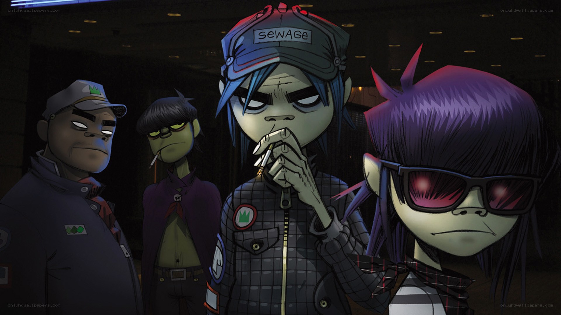 Gorillaz band members in dark setting