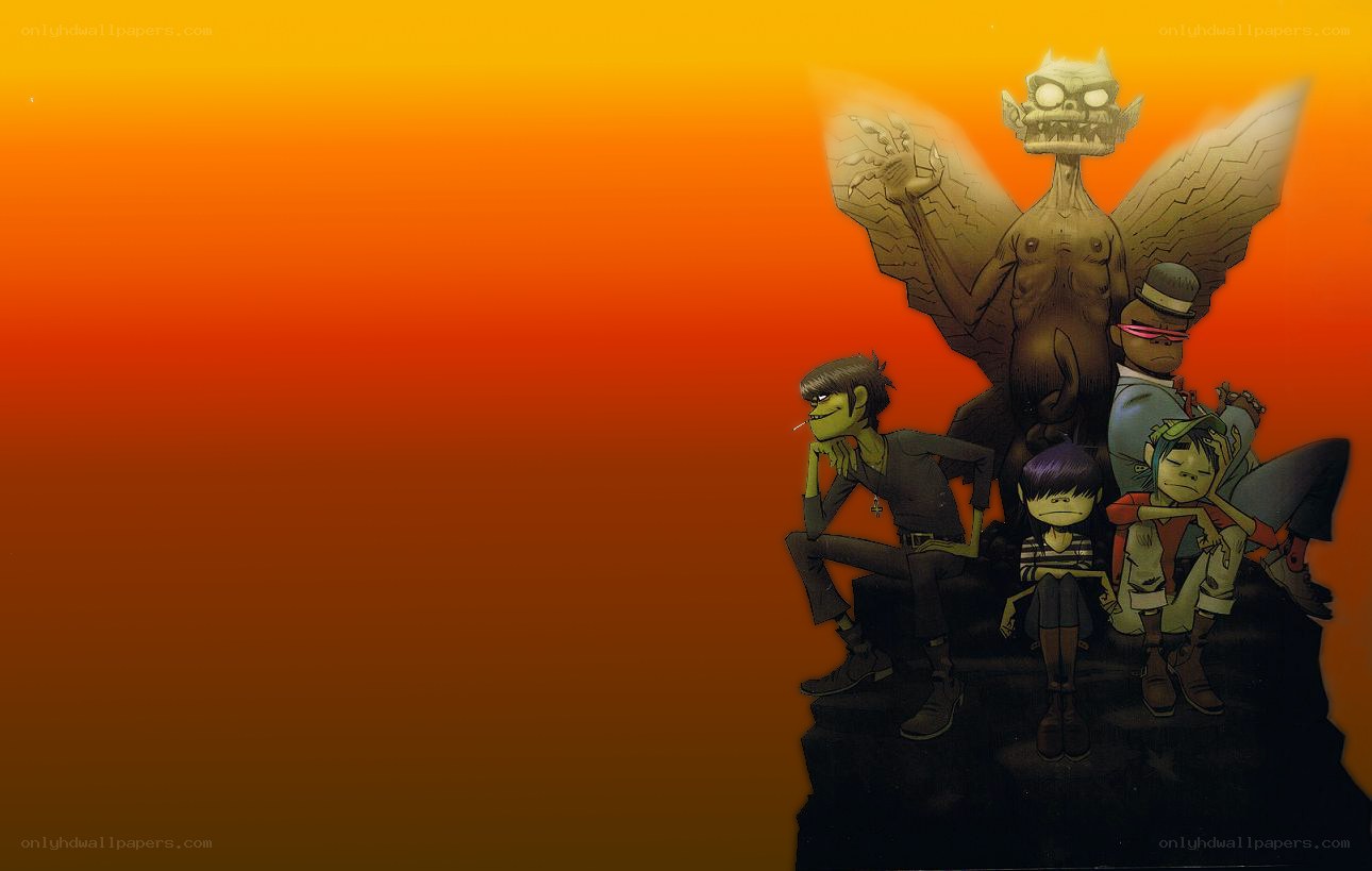 Gorillaz band with demon statue