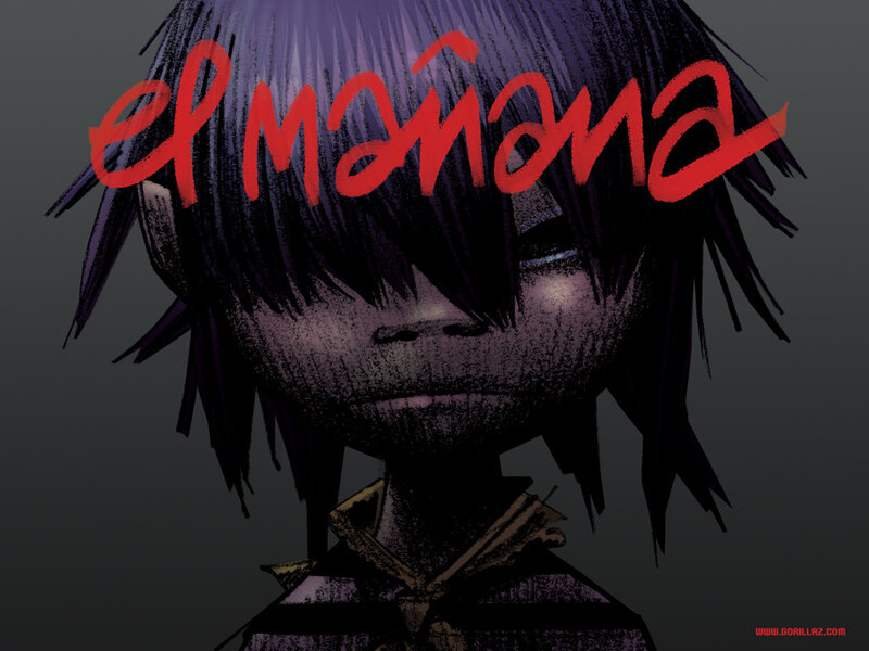 Gorillaz character with red text