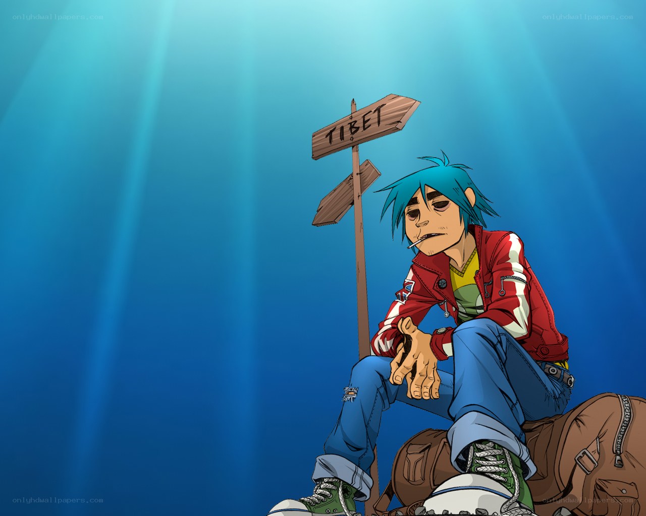 Gorillaz character with sign