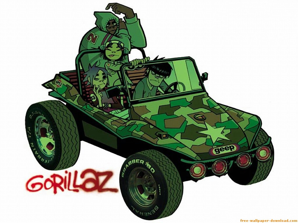 Gorillaz in a camo jeep