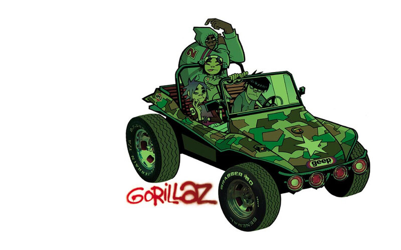 Gorillaz in a camo jeep