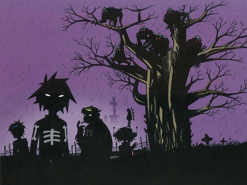 Gorillaz in a graveyard