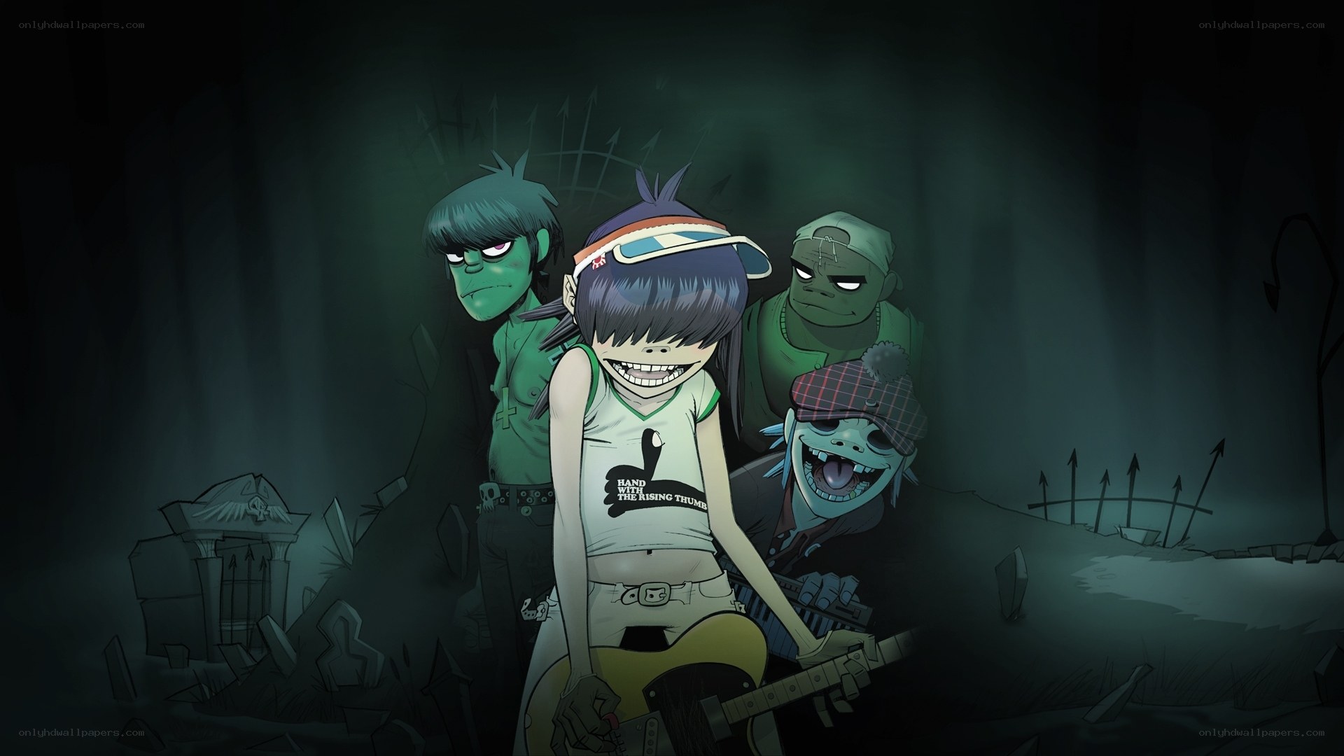 Gorillaz in a graveyard