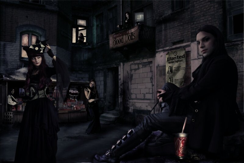 Gothic alley scene at night