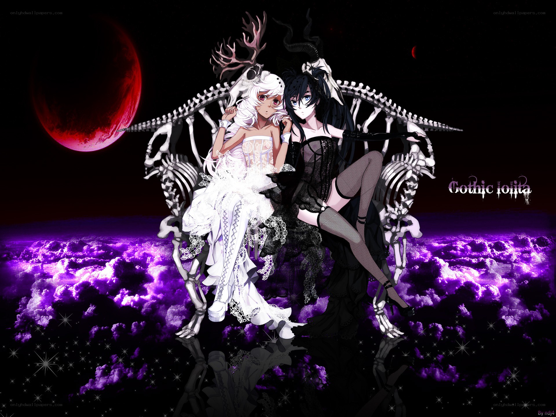 Gothic anime duo on skeleton throne