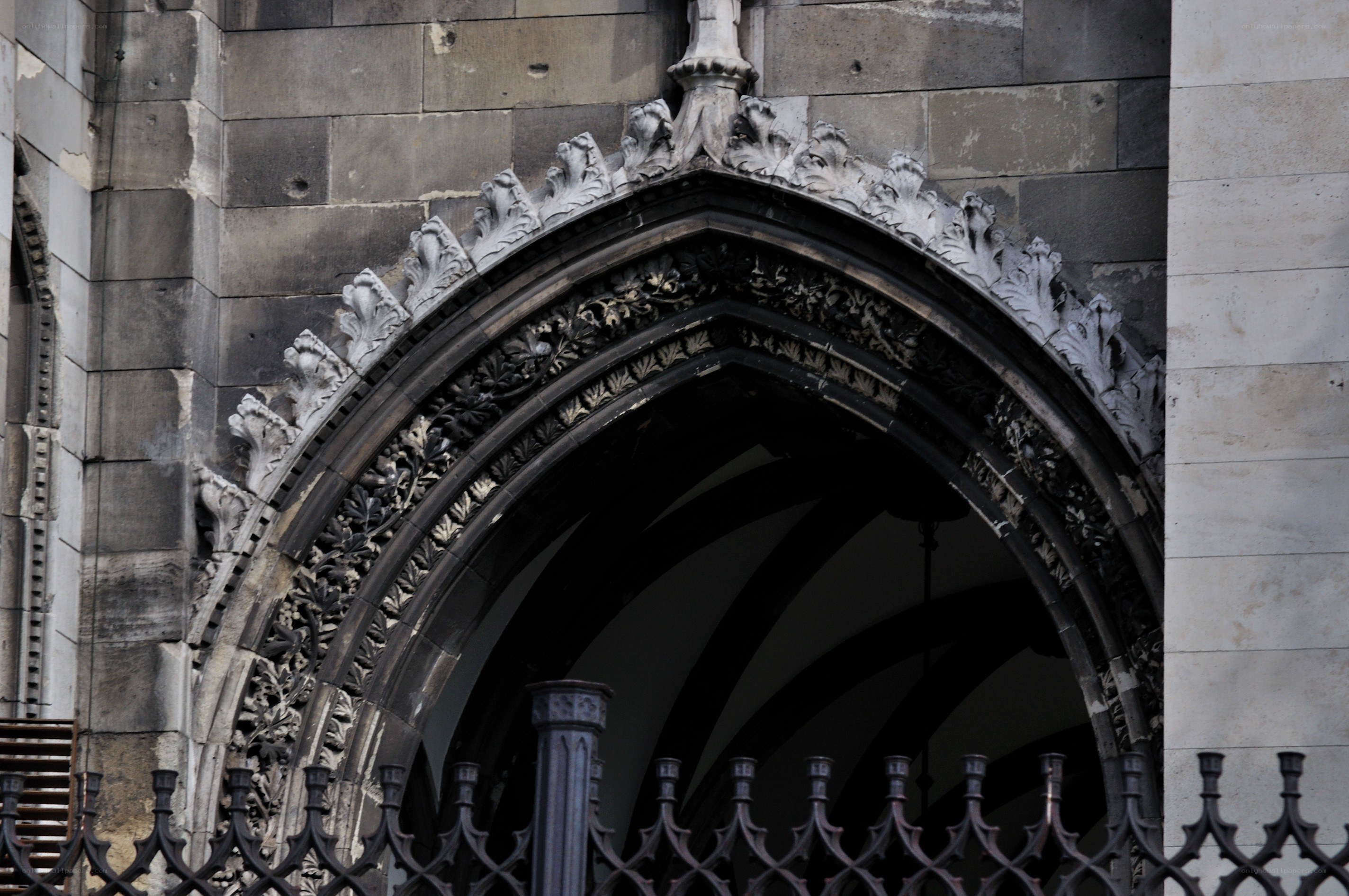 Gothic arch detail on stone building