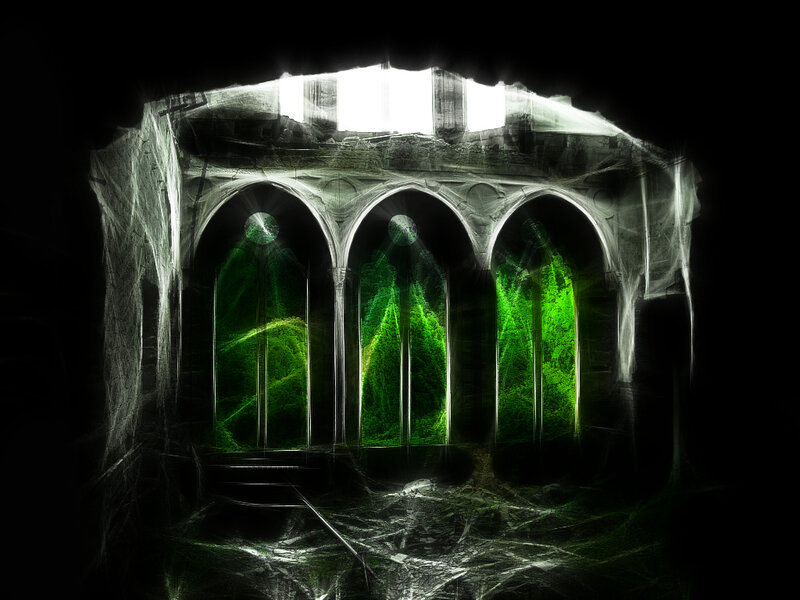 Gothic arches with green light