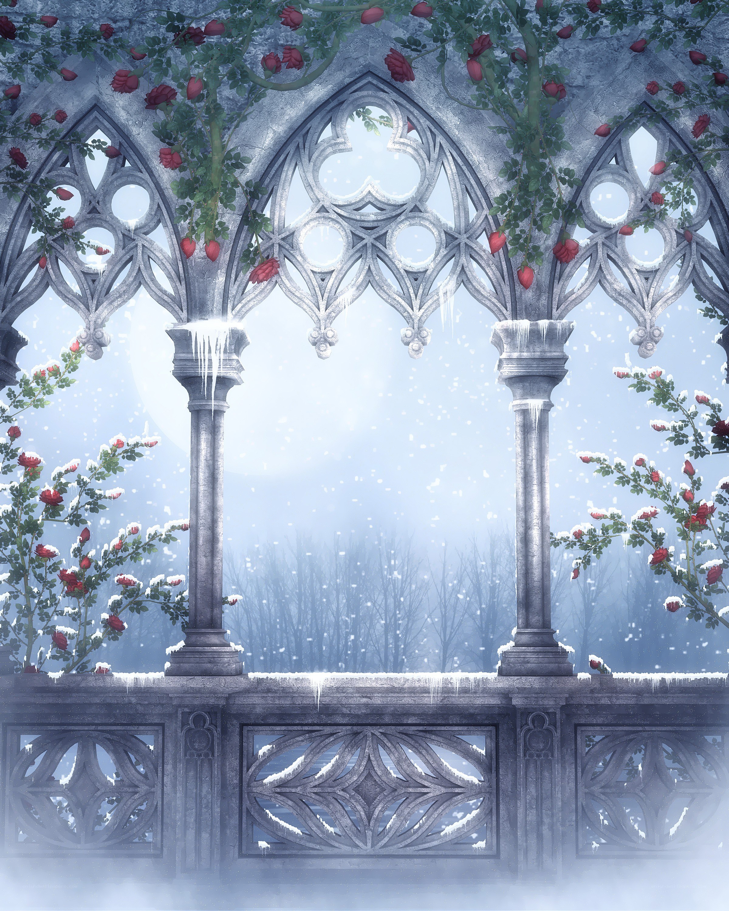 Gothic arches with roses in winter