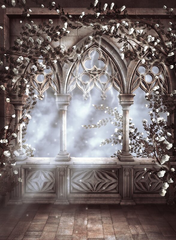 Gothic balcony with white flowers