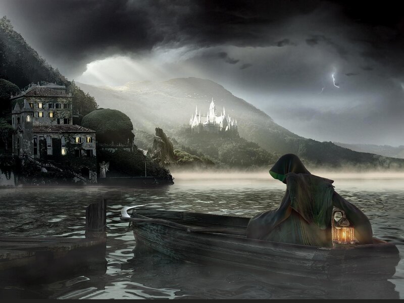 Gothic boat journey at dusk