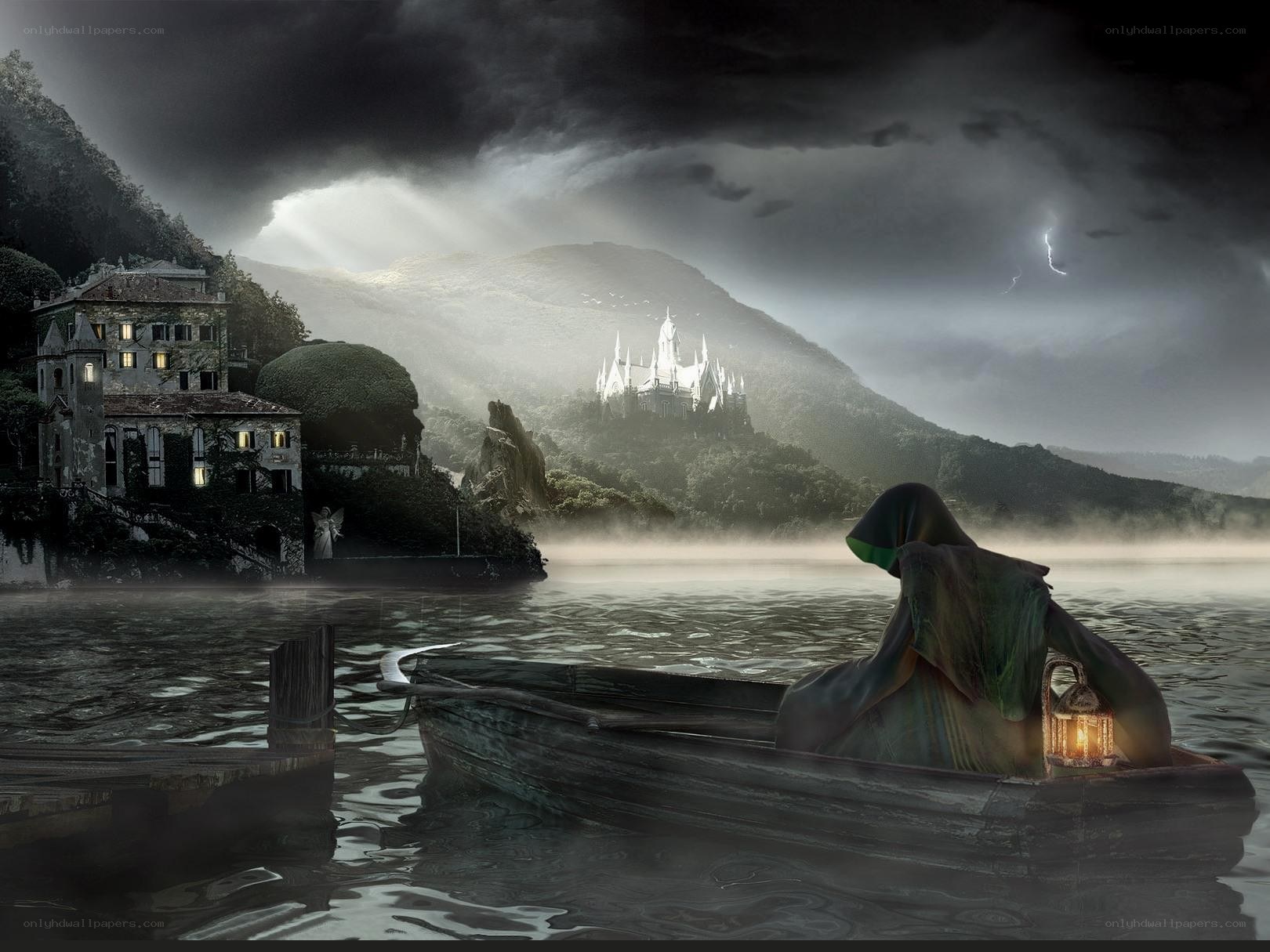 Gothic boat journey at dusk