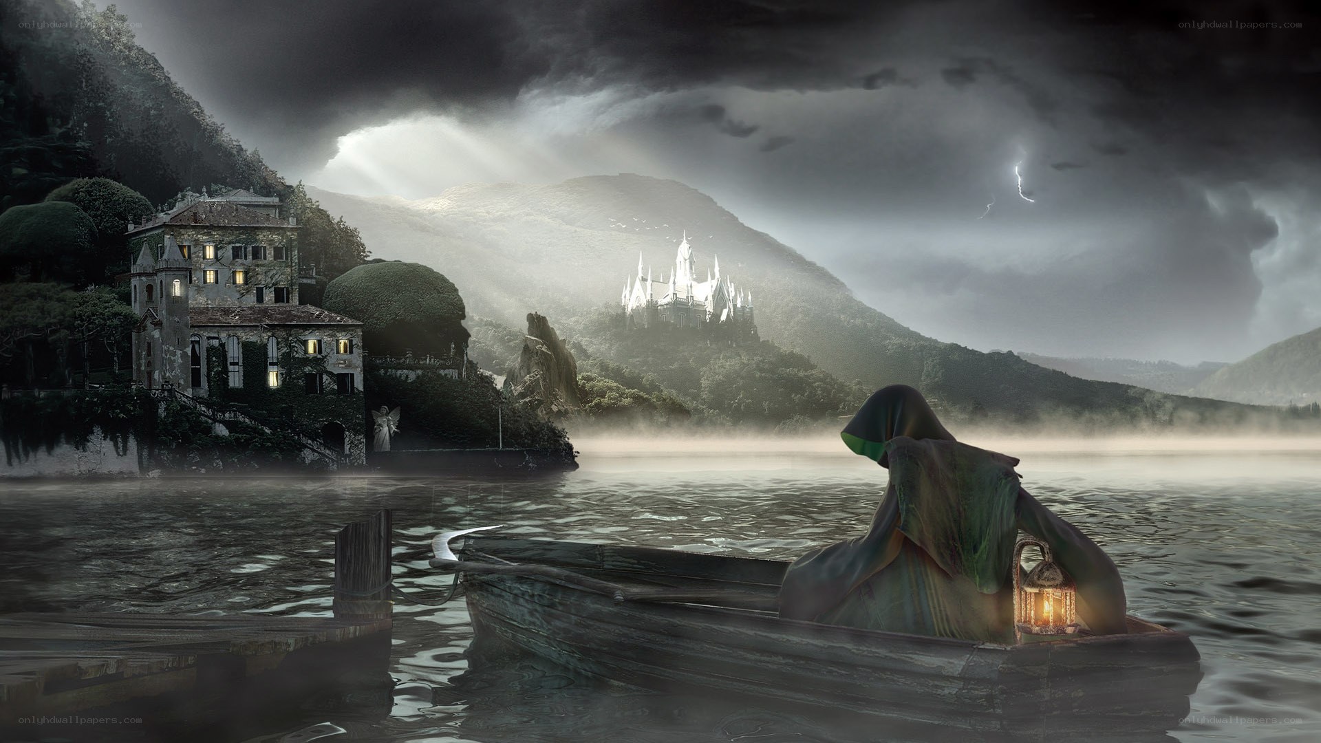 Gothic boat on a misty lake