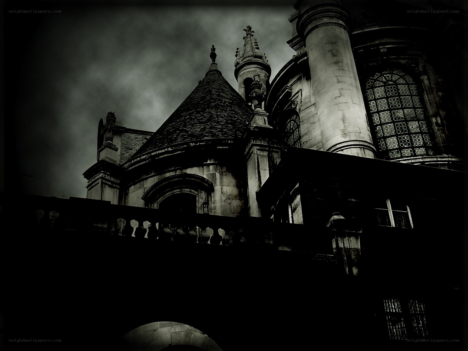 Gothic building under stormy sky