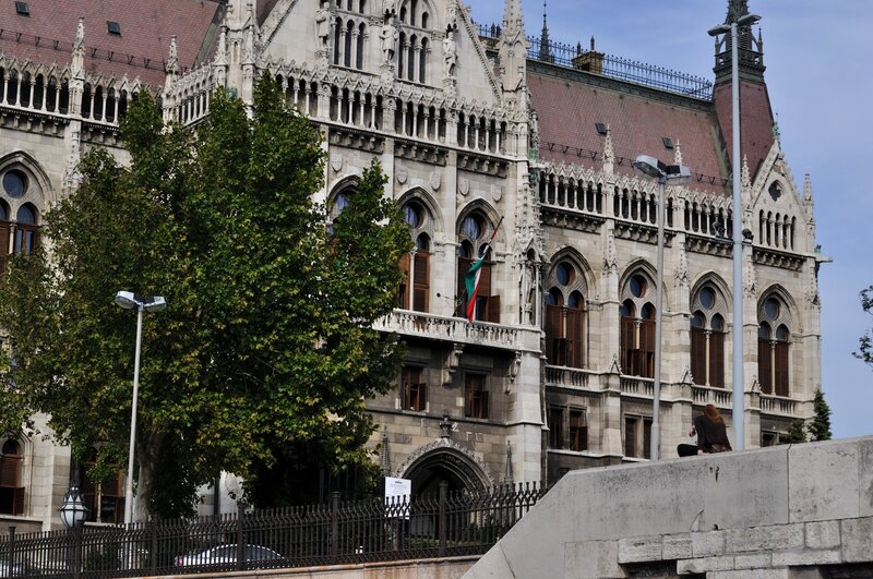 Gothic building with Hungarian flag