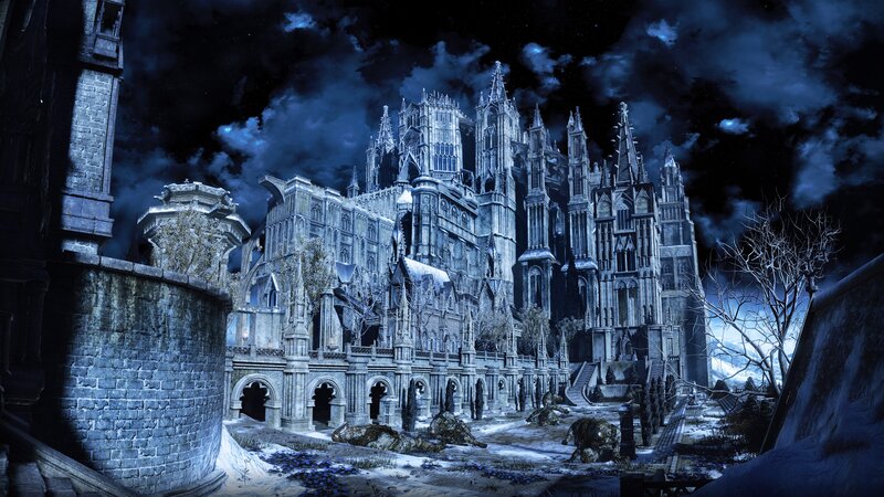 Gothic Castle at Night — Blue, Dark, Dramatic