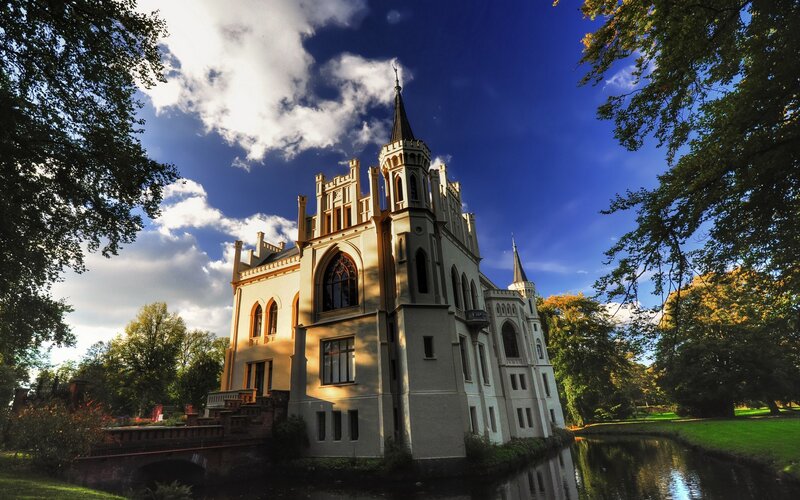 Gothic castle by a moat