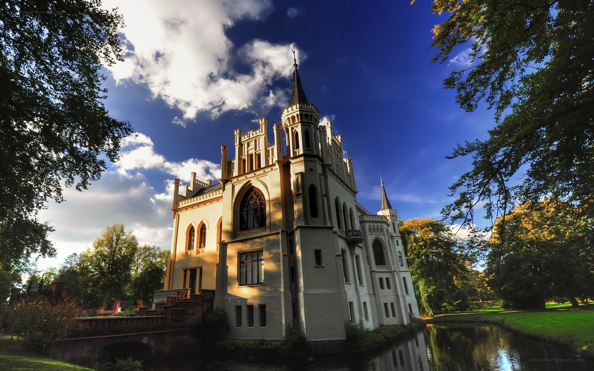 Gothic castle by a moat