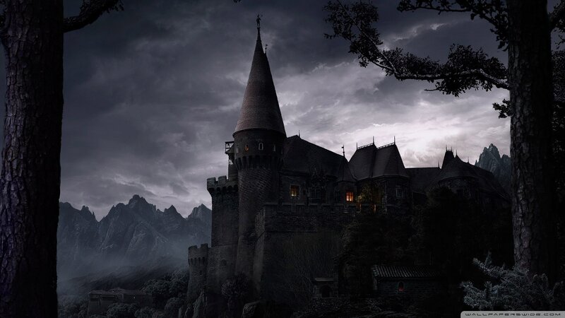 Gothic Castle in Forest — Black, Dramatic, Night
