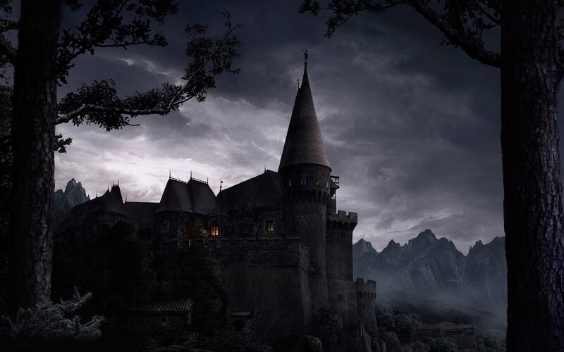Gothic Castle in Forest — Black, Dramatic