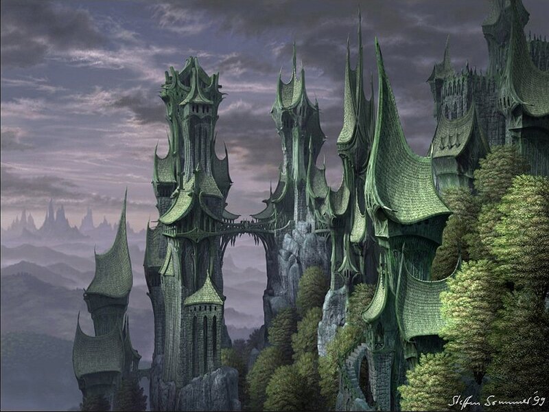 Gothic castle in misty landscape