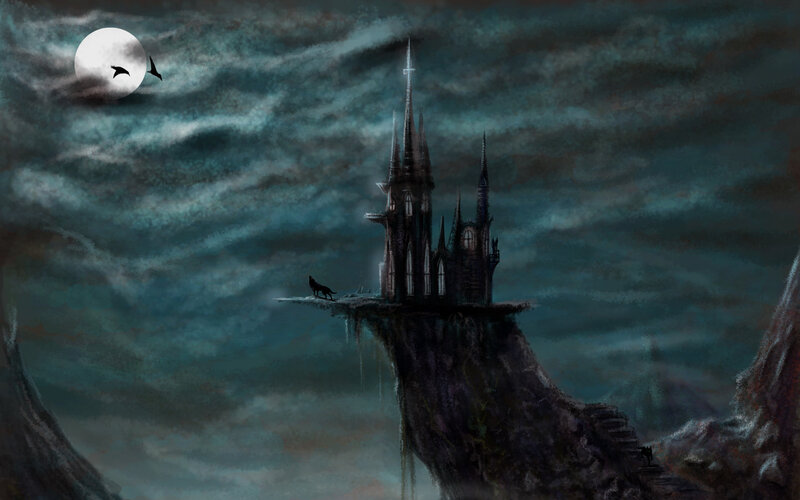 Gothic Castle on Cliff — Dark Blue, Dramatic