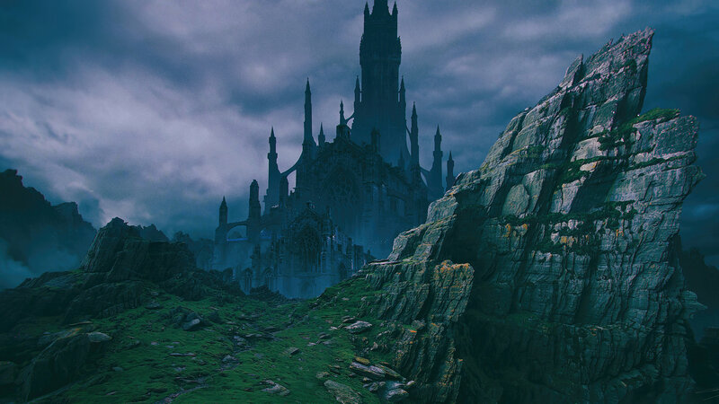 Gothic Castle on Cliff — Green